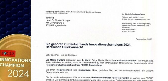 comweit ist "Innovationschampiion 2024" und gehört damit laut FOCUS-Business zu den innovativsten Unternehmen Deutschlands.